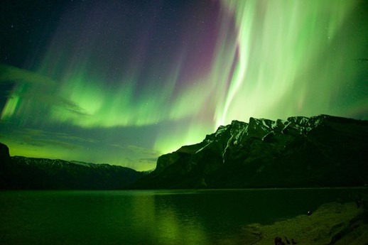 Aurora over lake Minnewanka